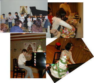 クリスマス会でのピアノ演奏、合唱、キャンディーすくいの写真